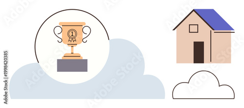 Achievement, success, aspirations, home ownership, lifestyle, housing concepts. A golden trophy and a house with simplistic cloud elements. Achievement and aspirations illustrated with clarity