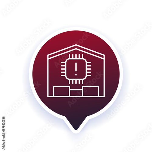 microchip supply shortage icon with chip and warehouse, line design