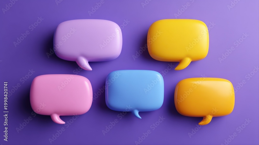 Obraz premium Vibrant and Colorful Speech Bubbles Scattered on a Purple Background for Communication Concepts