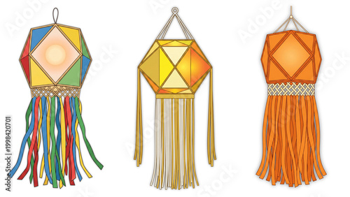 Set of three colorful traditional Vesak lanterns hanging on transparent  background for Buddhist festival