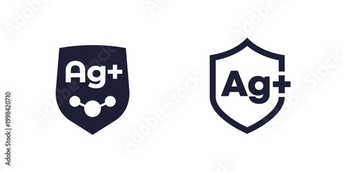 Silver ions icons, antibacterial protection vector labels with shield
