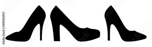 High heel shoe set with black silhouette on white background featuring fashion, footwear, women's shoe with elegance and chic