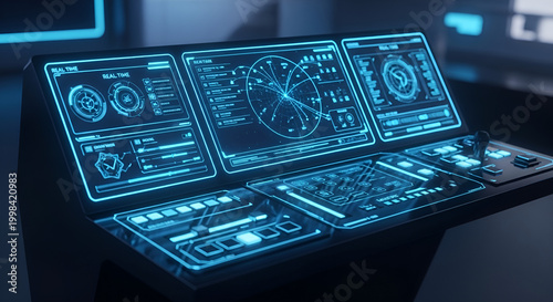 futuristic control panel with glowing blue screens and interface isolated on transparent background