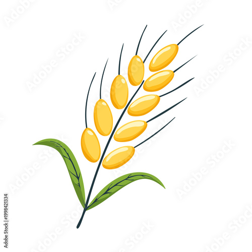 Golden Wheat Ear with Green Leaves, Simple Illustration of Grain Harvest Element