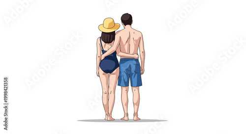 Couple in swimwear standing together while looking out at the horizon seen from behind on a plain white background.