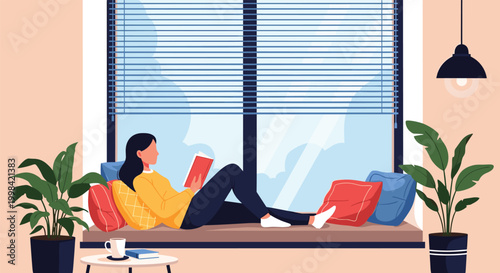 Young woman enjoying a book while relaxing on a comfortable window seat with pillows and indoor plants at home.