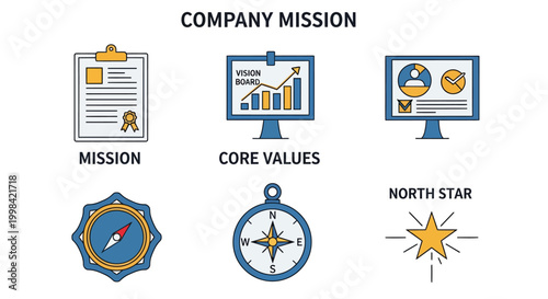 Company mission and core values concept with business icons