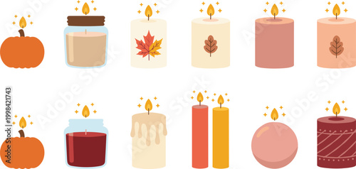 Vector illustration of autumn candles and pumpkins with seasonal motifs in cozy decorative design