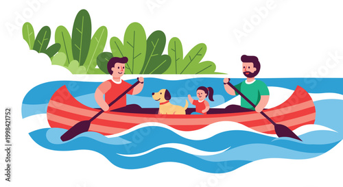 Happy family with their dog enjoying a day of rowing a red canoe on the calm waters of a blue river in the forest.