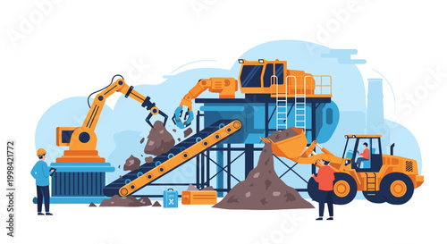 Heavy industrial scene with excavators and conveyor belts moving large quantities of rock at a construction site.