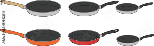 Vector illustration of frying pans with different handles and colors in decorative design