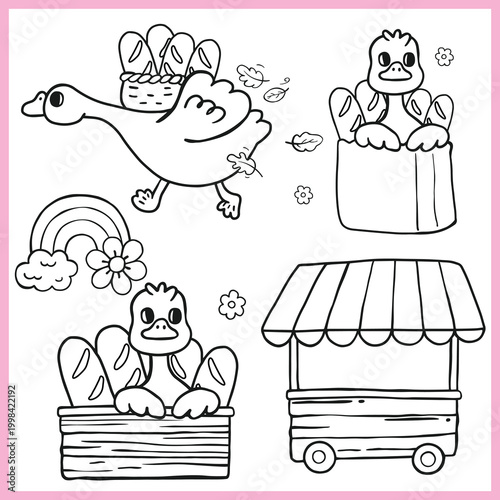 Cute Goose With Baguette and Outdoor Produce Stall black and white illustration