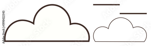 Cloud computing, weather services, storage systems, technology design, abstract art, modern visuals. Two outlined clouds with horizontal lines. Cloud computing and weather services concepts