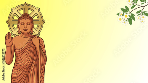 Lord Buddha statue with golden Dharmachakra and frangipani flowers on yellow gradient background for Vesak