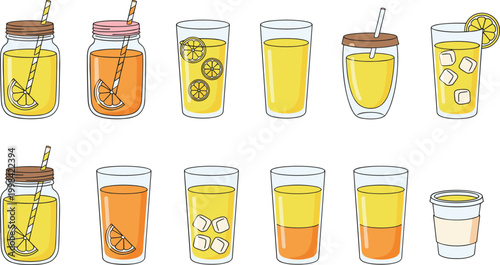 Vector illustration of juice drinks in mason jars, glasses and takeaway cups with lemon slices in decorative design