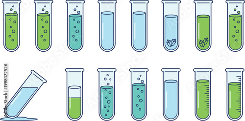 Vector illustration of laboratory test tubes with colorful liquids, bubbles and reactions in decorative science design