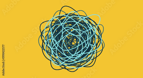 Abstract tangled blue scribble on yellow and black background