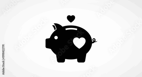 Black Piggy Bank with Heart Symbols on White Background
