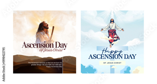 Ascension Day of Jesus Christ religious vector banners, Christian holiday celebration cards with Jesus rising to heaven, spiritual church event posters