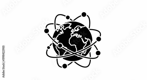 Black and White Globe with Atomic Orbit Icon Illustration