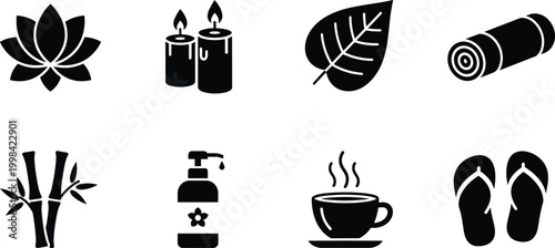 Vector illustration of spa and wellness icons including lotus, candles, bamboo and towel in decorative design