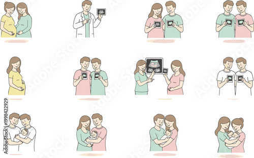Vector illustration of pregnancy and parenthood with ultrasound, newborn baby and family in decorative design