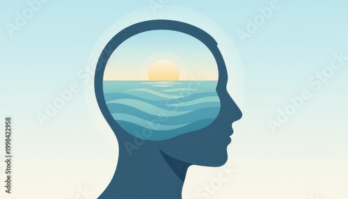 Positive Mind & Mental Health concept. Silhouette of a head with ocean waves and sun inside, symbolizing calm mind.