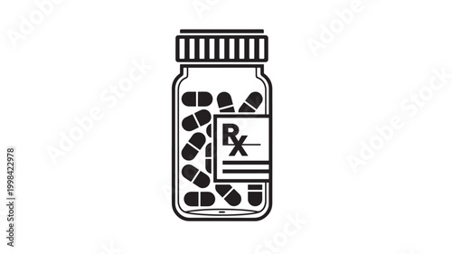 Medicine bottle icon with prescription pills and RX symbol for pharmacy healthcare infographic design featuring tablets, capsules, medical with drug