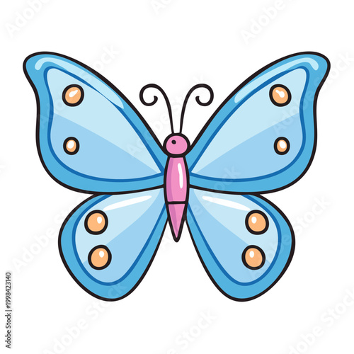 Adorable cartoon blue butterfly with pink body and orange spots on wings