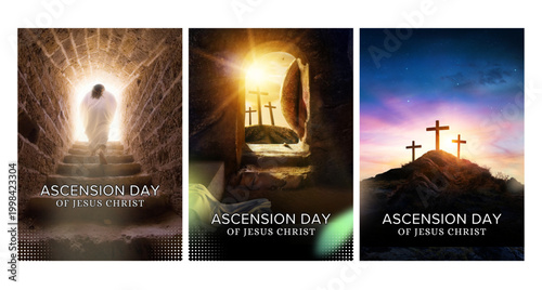 Ascension Day of Jesus Christ religious poster set, Christian resurrection and empty tomb illustrations, holy cross on Calvary hill at sunset