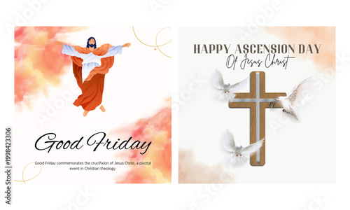Religious Good Friday and Happy Ascension Day of Jesus Christ social media posts, Christian holiday banners with wooden cross and white doves, vector set