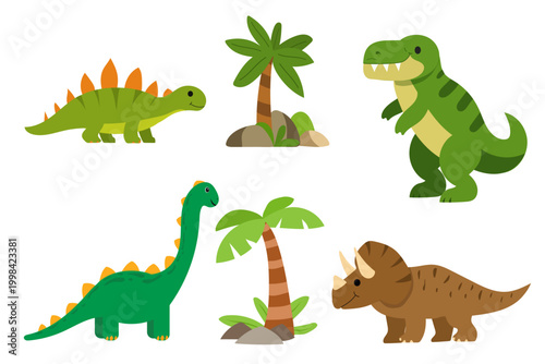 Cartoon set with dinosaurs and palm trees for children's products and education