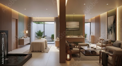 Luxurious Modern Spa and Living Area with Natural Light and Elegant Decor.