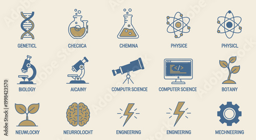 A collection of flat design icons representing various scientific and engineering disciplines, including genetics, chemistry, physics, biology, computer science, and engineering.