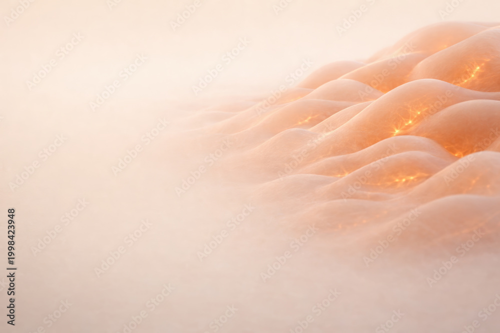 Fototapeta premium Abstract close-up of organic pink wavy skin with embedded glowing light circuits, concept of biotechnology, biometric data, and non-invasive sensors