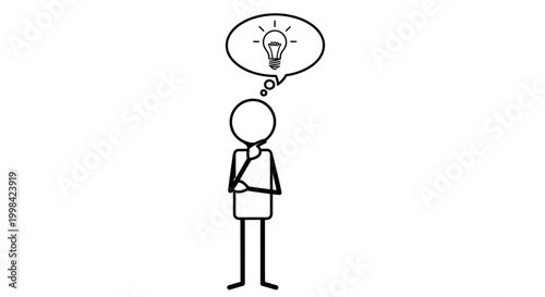 A simple black and white stick figure person is thinking, with a lightbulb idea appearing in a thought bubble above their head, symbolizing inspiration or a new concept.