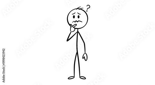 Simple stick figure cartoon character looking confused and worried with a question mark above its head on a white background.