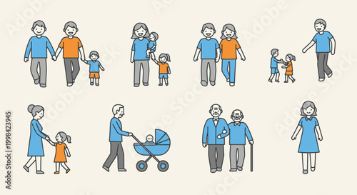 Diverse collection of simple line art illustrations depicting various family units, couples, individuals, and different generations of people.