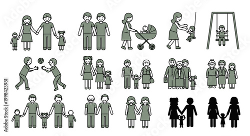 Collection of diverse family and people icons depicting various relationships, activities, and family structures in a simplified graphic style.