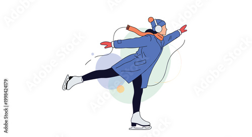 Graceful female figure skater performing on ice while wearing winter clothes against a background of abstract shapes.