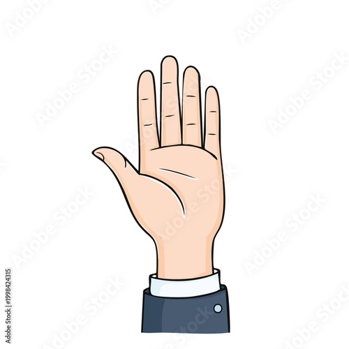 Open human palm outstretched displaying five fingers in a stop gesture with suit sleeve
