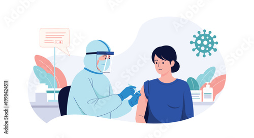 Healthcare professional in full protective gear administering a vaccine to a young woman to help prevent the spread of a contagious viral disease.