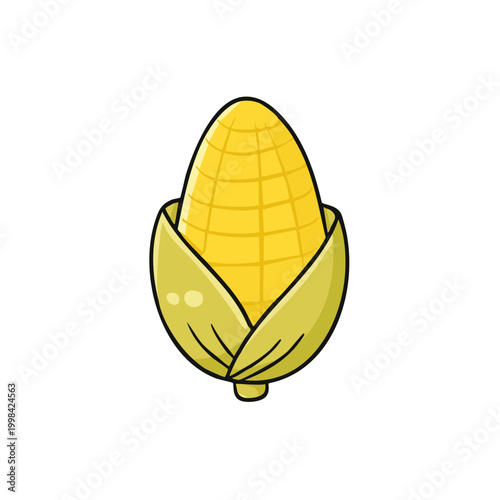 Cartoon illustration of a ripe yellow ear of corn with green husks