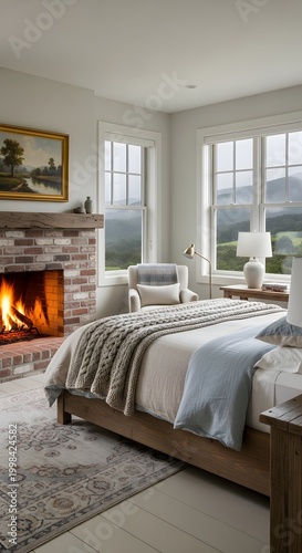 Inviting bedroom with a warm, crackling fireplace, large windows showcasing picturesque rolling green hills, and a comfortable bed, creating a serene and luxurious retreat