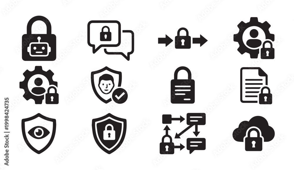Fototapeta premium Security and privacy icons with padlock shield robot symbols security firewall