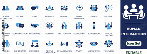 Human interaction editable solid icon set. Containing people, chat, connection, meeting, group, listening, communication, friends, bonding, relationship and more vector icons collection. 