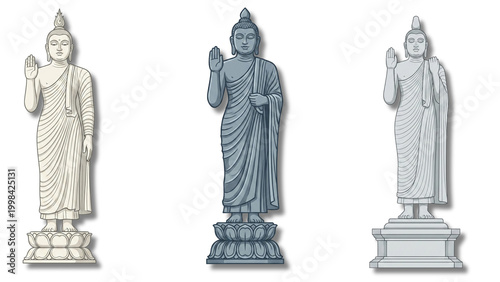 Set of three Lord Buddha standing statues in different color variations on transparent  background for Buddhist festivals
