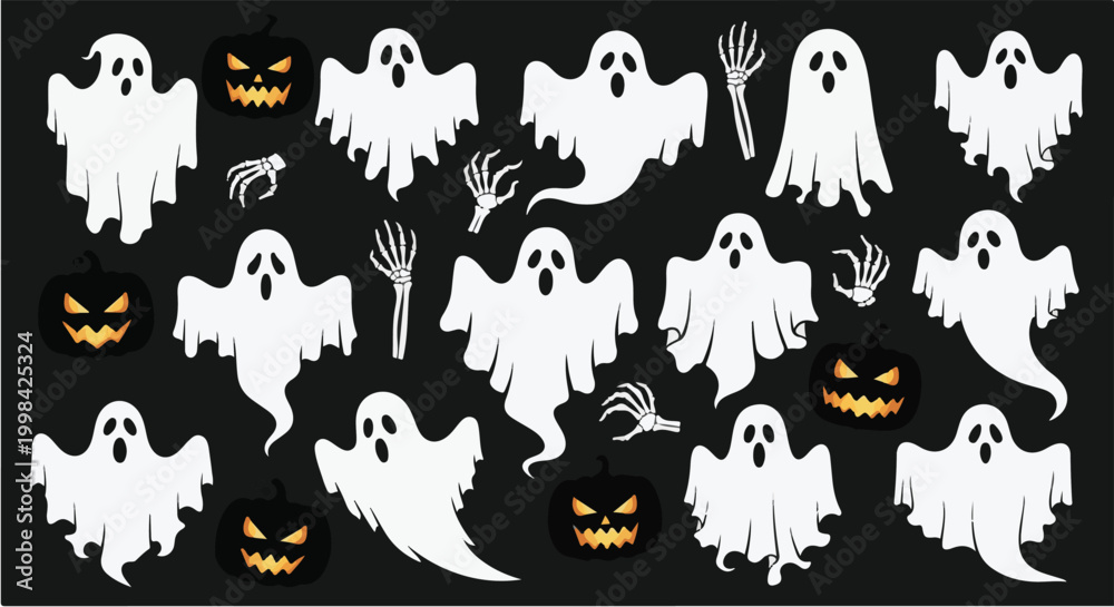Fototapeta premium Seamless vector pattern with Halloween elements like pumpkins, spiders, ghosts, and skulls on a pink background
