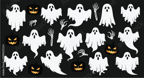 Seamless vector pattern with Halloween elements like pumpkins, spiders, ghosts, and skulls on a pink background