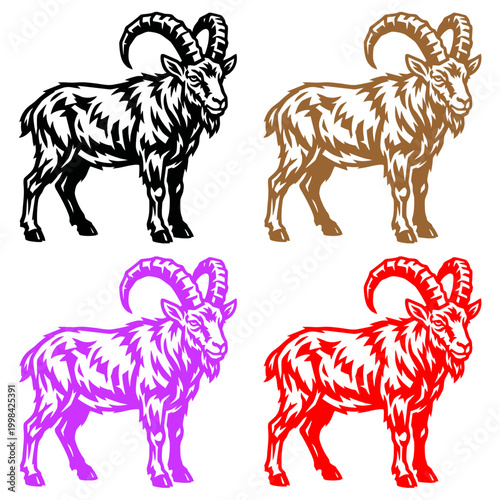 Professional set of stylized mountain goat and ibex vector illustrations in four colors ideal for mascot logos outdoor adventure branding and wildlife graphic design projects
